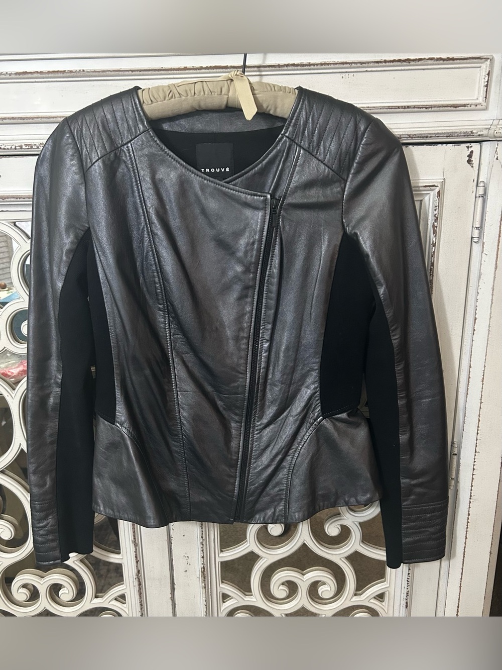 Trouve Black Leather Asymmetric Moto Jacket with Peplum & Stretch Sides (M)(NEW)